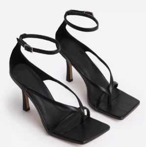 Black Square Toe Ankle Strap Heel Sandals